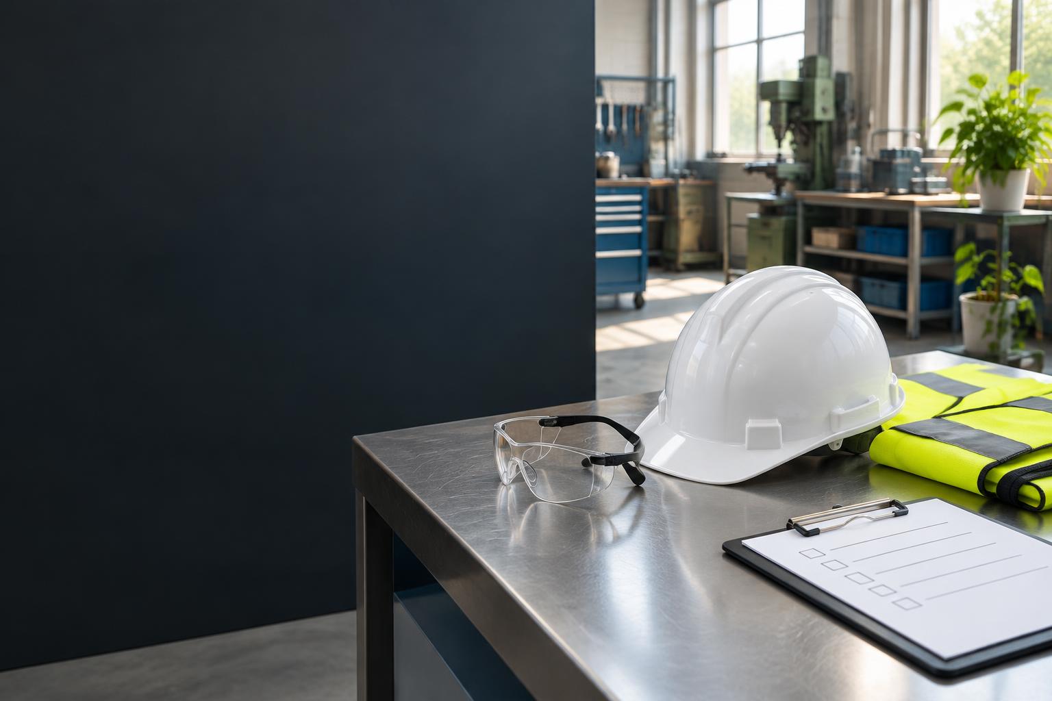 White hard hat, safety glasses, high-visibility vest, and a checklist on an organized workshop bench