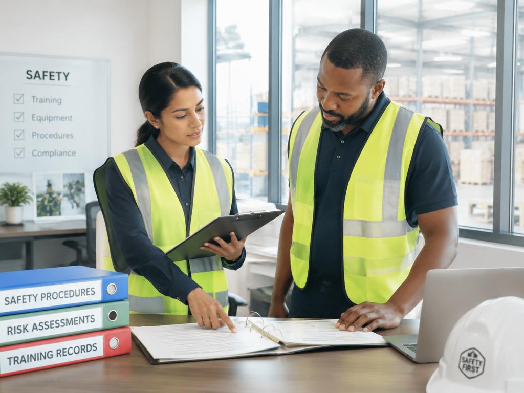 Safety advisers discussing workplace records and priorities